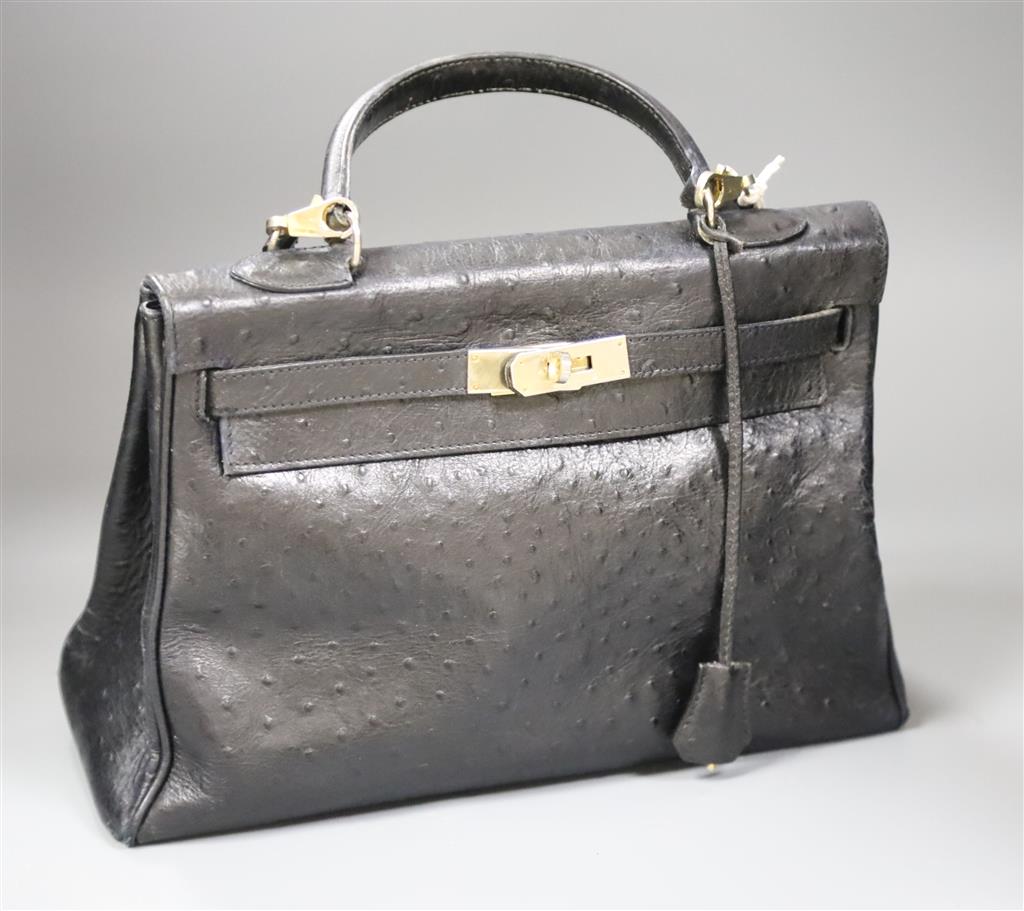 A Hermes Sac a depeches (Kelly) bag, ostrich skin, circa 1940s, (undated - prior to 1945)